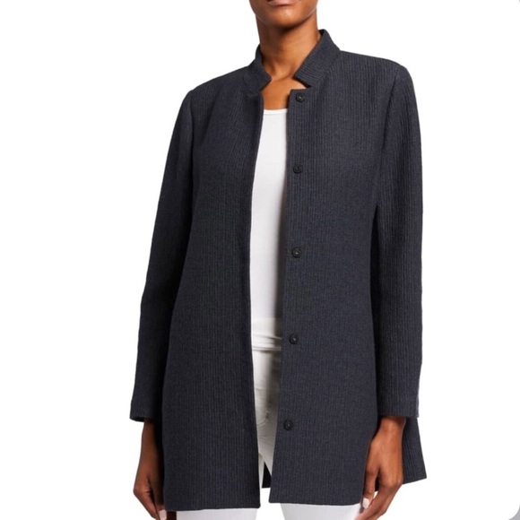Eileen Fisher Womens gray textured stand collar snap button jacket XS - Picture 1 of 9